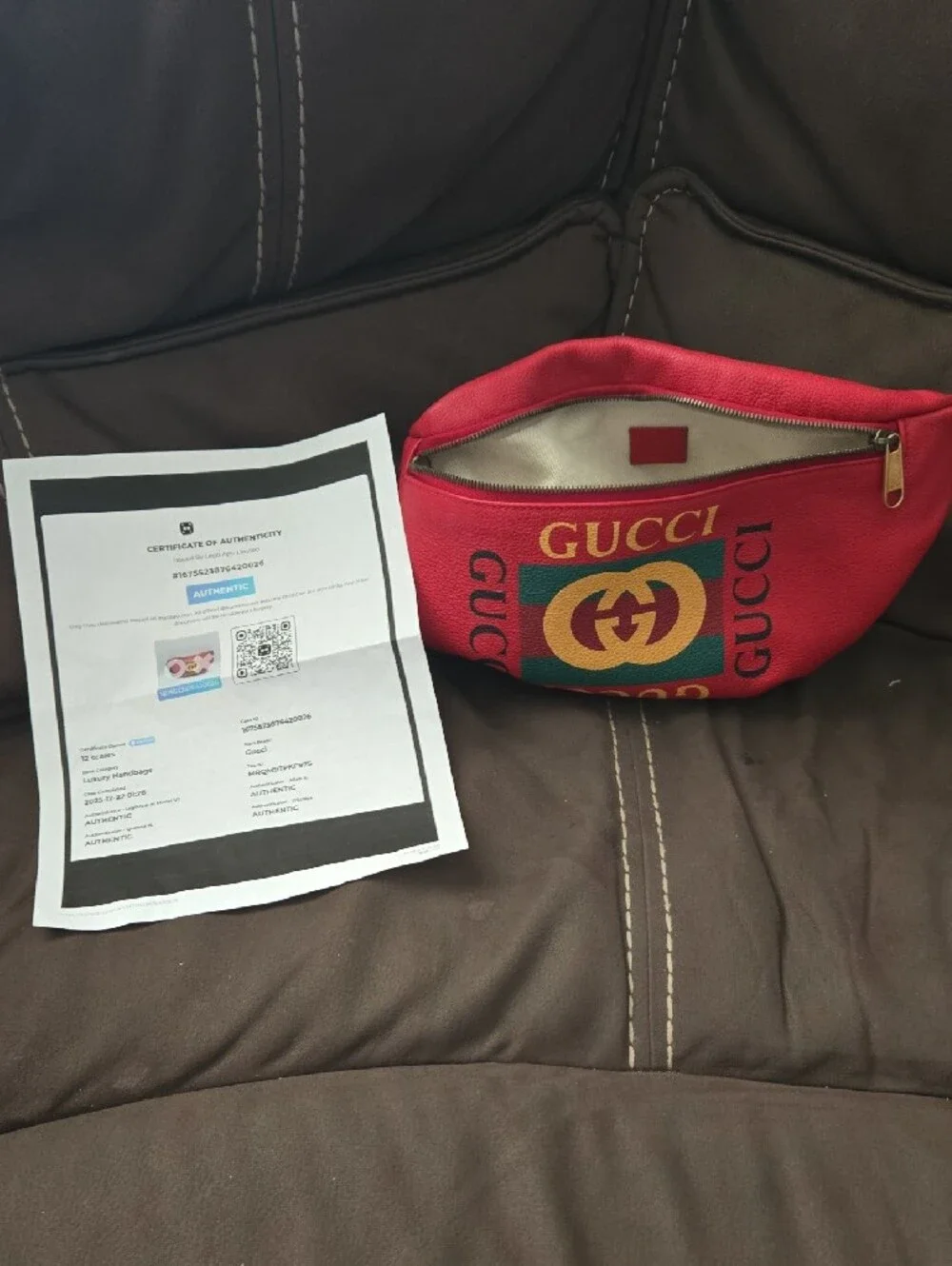 Gucci Red Logo Canvas Belt Bag with Green & Yellow Emblem